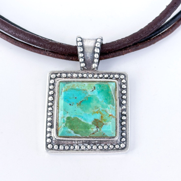 Vintage Sterling Silver Leather Cord Composite Turquoise Pendant Necklace 15.5" - Picture 2 of 7